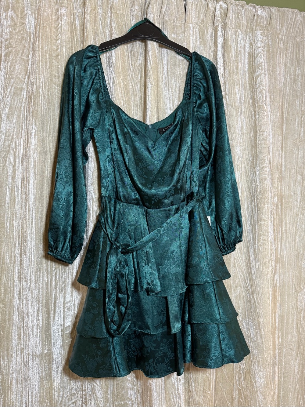 NWT Emerald Green Tiered Satin Dress with Draped Neckline Jr. Party Dress